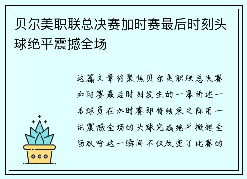 贝尔美职联总决赛加时赛最后时刻头球绝平震撼全场